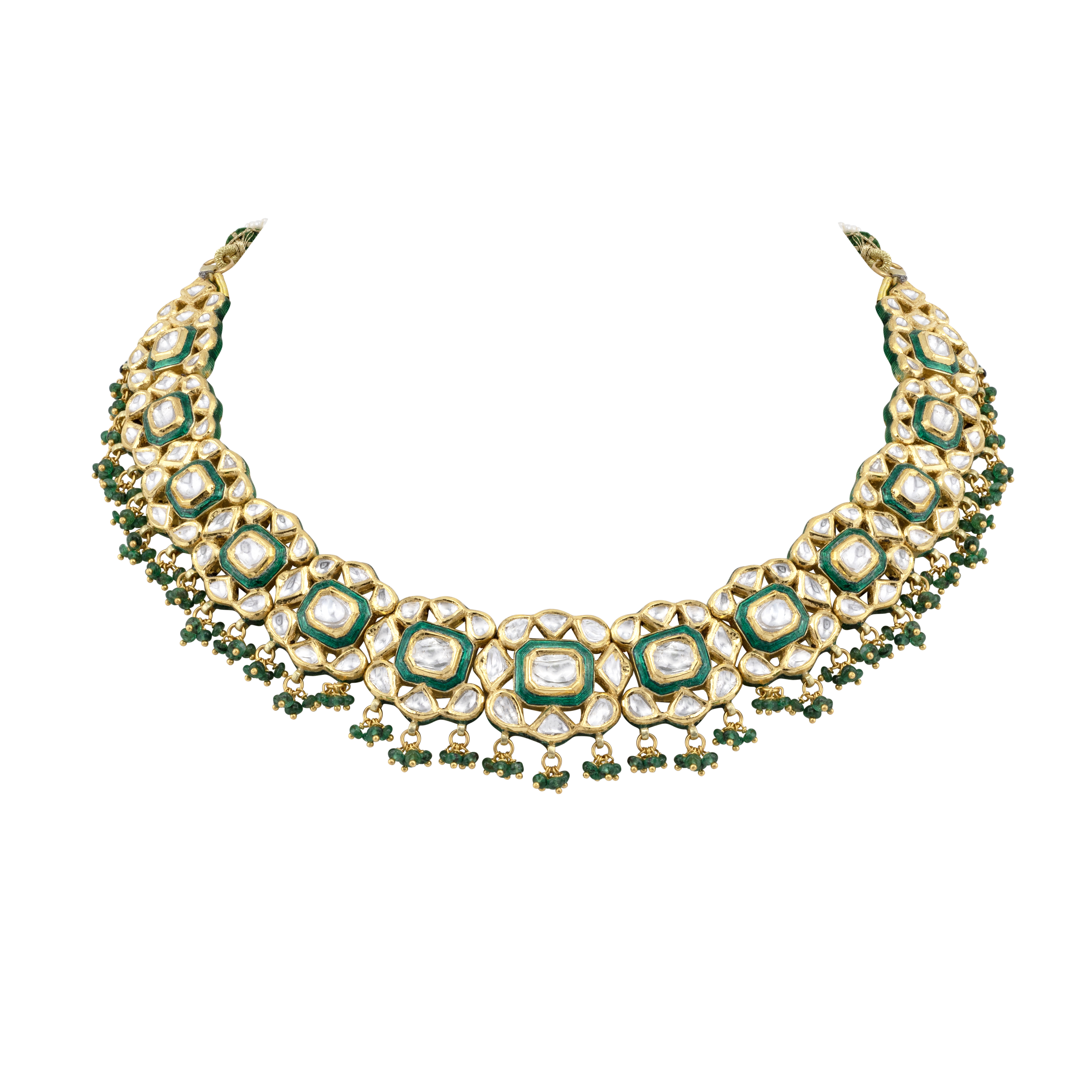 Green Enamel Polki Necklace with Emerald Beads